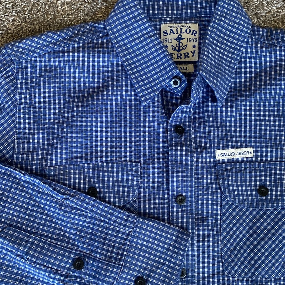 Sailor Jerry NWT Bunker Blue Gingham Textured Long Sleeve Button Down, Men’s S